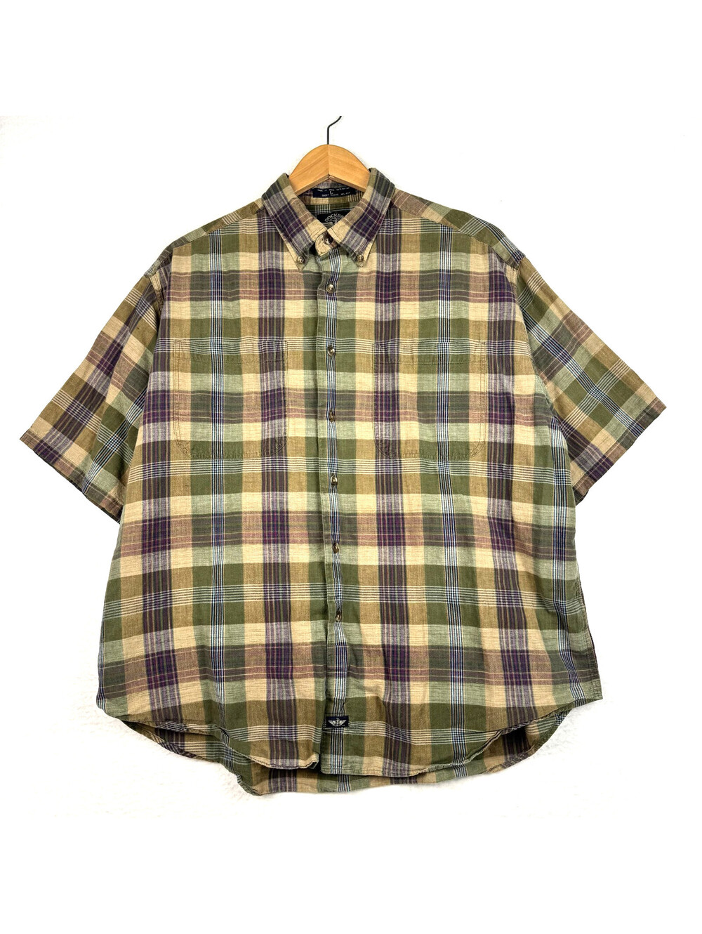 Vintage 90s Dockers Mens Large Short Sleeve Green Purple Plaid Button Up Shirt